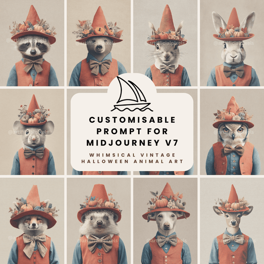 Vintage Halloween animals digital art collection created with Midjourney AI prompt featuring rustic autumn style with red hats and pumpkins

