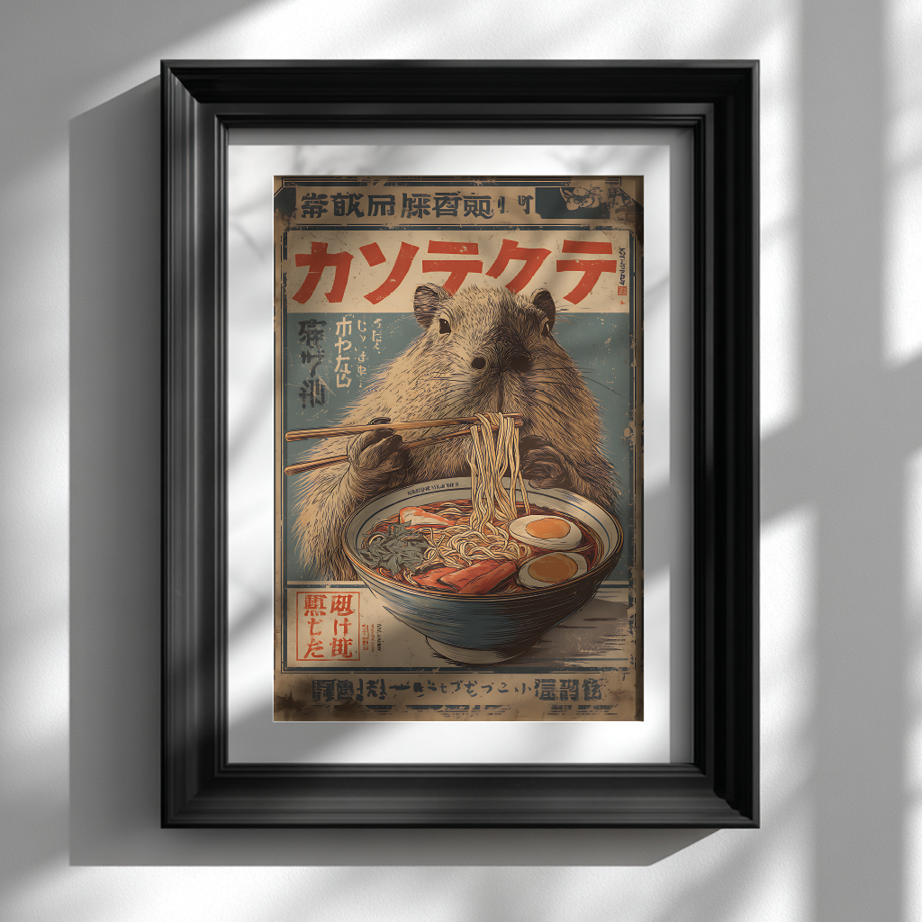 Vintage ramen poster with capybara in black frame on white wall - Japanese retro food art print