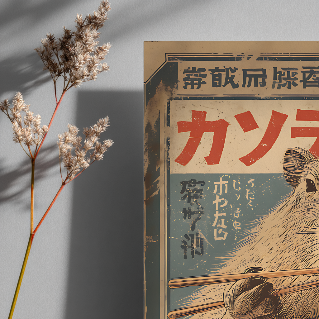Close-up detail of vintage ramen poster with capybara - Japanese retro food art print quality