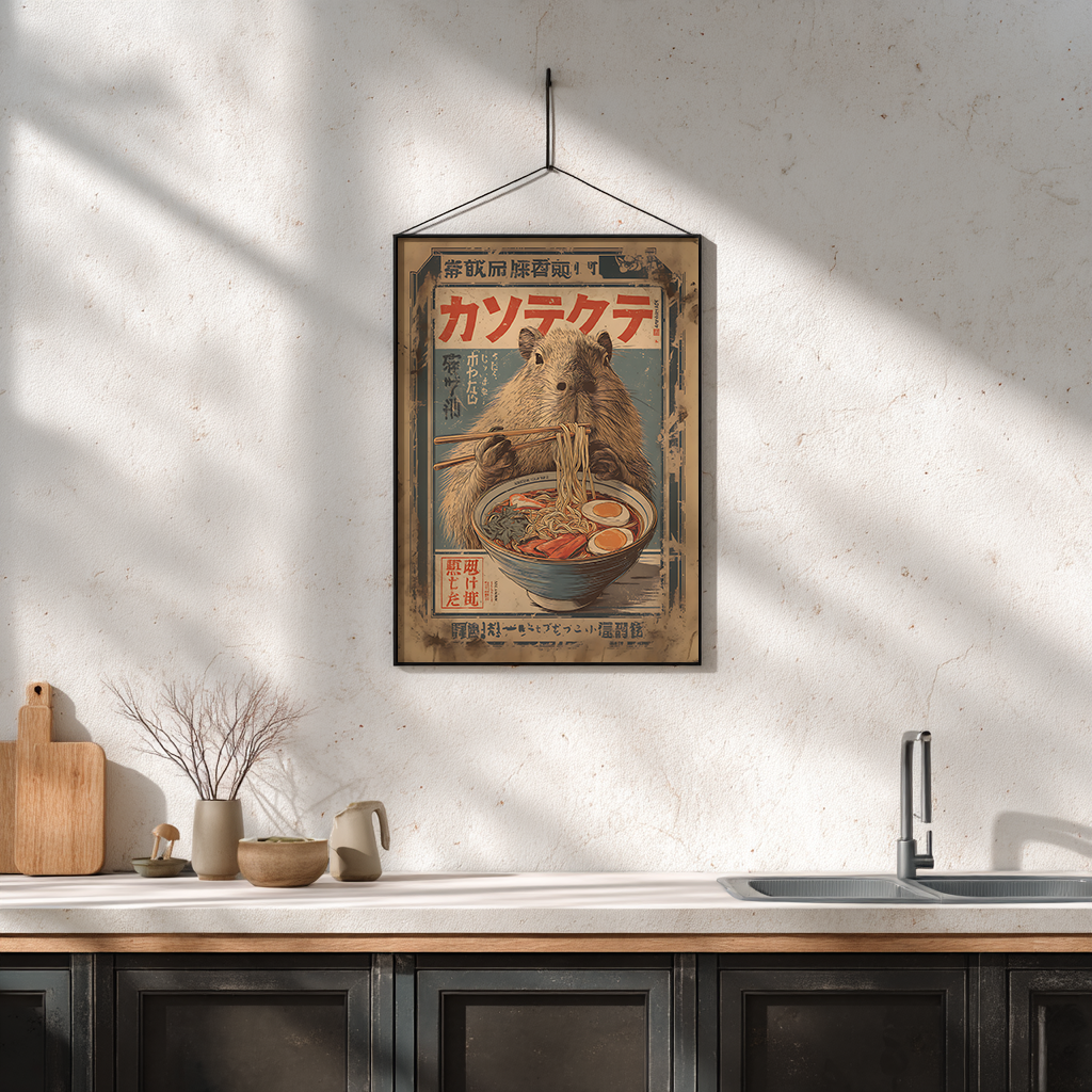 Vintage ramen poster with capybara displayed in modern kitchen - Japanese food wall art