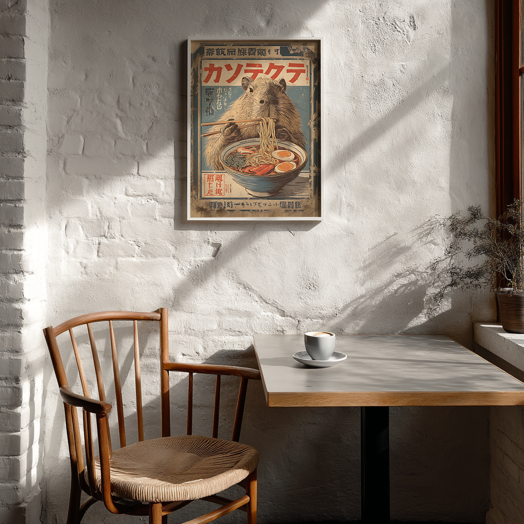 Vintage ramen poster with capybara in Scandinavian cafe setting - Japanese retro food illustration