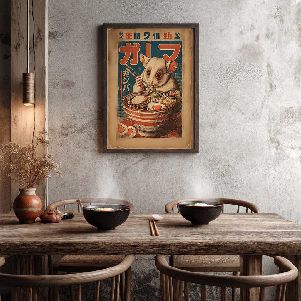 Vintage Japanese style ramen poster featuring cute kinkajou illustration with traditional design elements