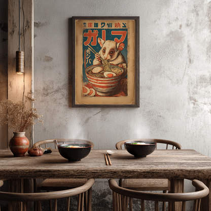 Vintage Japanese style ramen poster featuring cute kinkajou illustration with traditional design elements