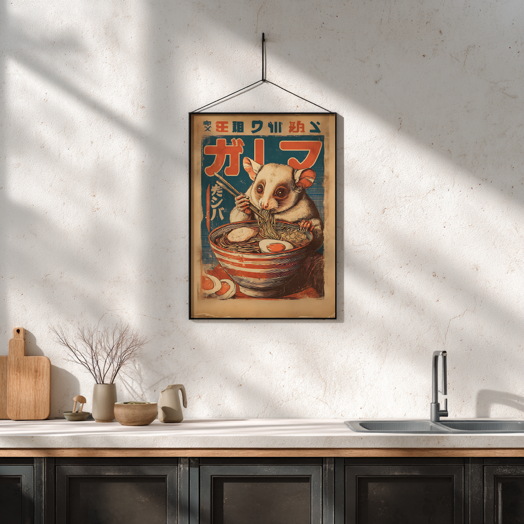 Vintage ramen poster with kinkajou illustration displayed in modern kitchen setting