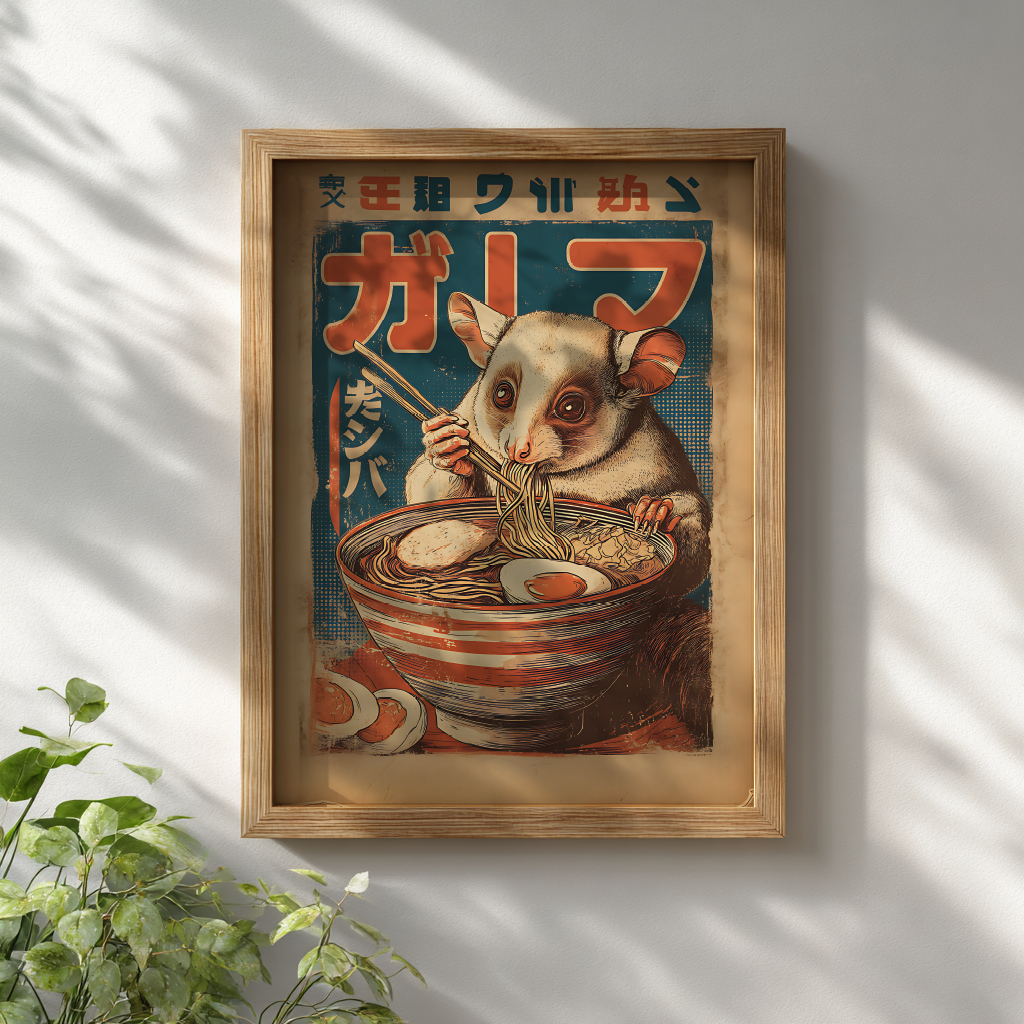 Vintage ramen poster with kinkajou illustration displayed in white wooden frame on wall