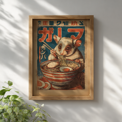 Vintage ramen poster with kinkajou illustration displayed in white wooden frame on wall
