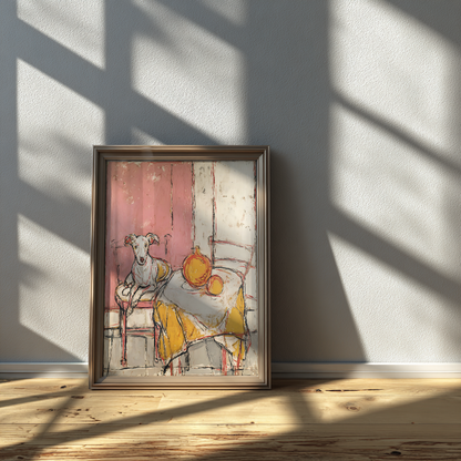 Whippet dog art print framed with glass, sunlight streaming through, stylish wall art for interiors.