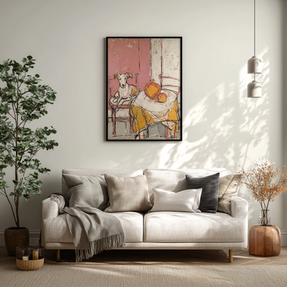 Whippet dog art print styled in a minimalist living room with soft light and warm tones.