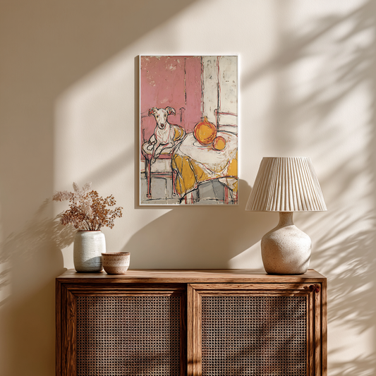 Whippet dog art print displayed above wooden cabinet, cosy natural home interior styling.