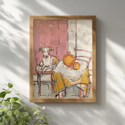 Whippet dog art print framed in light wood hanging on white wall, modern rustic interior style.