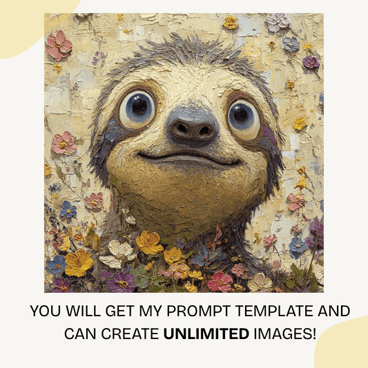 Sample wide-eyed sloth artwork created with Midjourney AI prompt featuring thick brushstroke oil painting style

