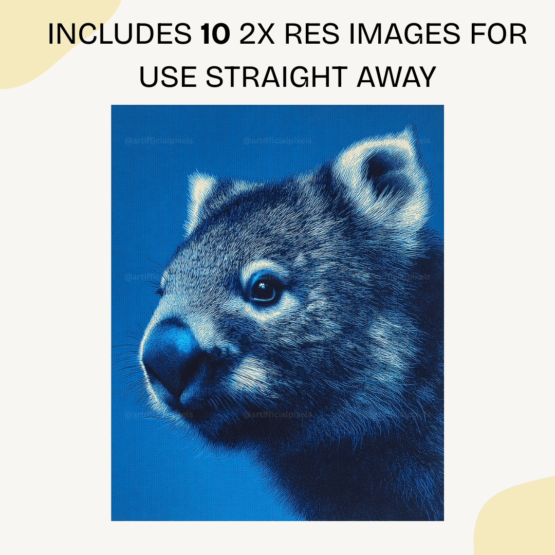 Wombat face in blue pointillism art style generated with Midjourney AI prompt template for commercial use and print sales

