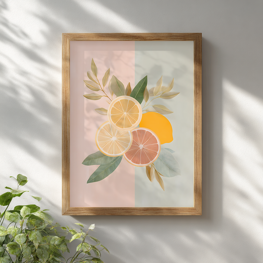 Mediterranean pastel lemon illustration in a light wooden frame on a white wall, pastel citrus wall art for modern minimalist decor