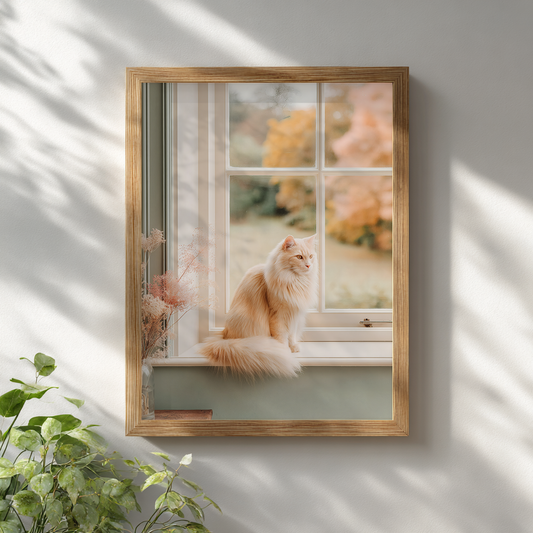 Framed poster of a cream cat sitting on a windowsill, surrounded by warm autumn tones. Cosy minimalist wall art for any room.