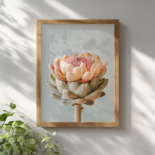 pastel artichoke print in wooden frame against white wall with natural light